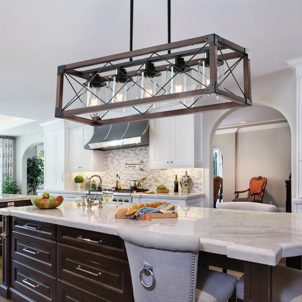 (Same as W1340P155971/L1011-RW-G) 32' Red Wood Industrial Farmhouse Rectangle Pendant Light, 5-Light Chandelier with Lampshade for Dining Room, Kitchen Island, Cafe Decor (No Bulbs)