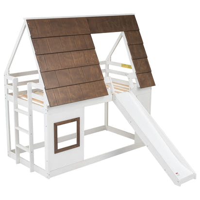 Hearth & Haven Bunk Twin Bed with House Roof, Ladder and Slide, White and Brown