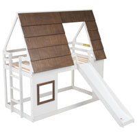 Hearth & Haven Bunk Twin Bed with House Roof, Ladder and Slide, White and Brown