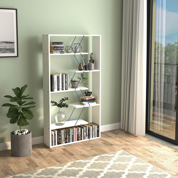 Furnish Home Store Wood Frame Etagere Open Back 6 Shelves Bookcase Industrial Bookshelf for Office and Living Rooms Modern Bookcases Large Bookshelf Organizer, White/Blue