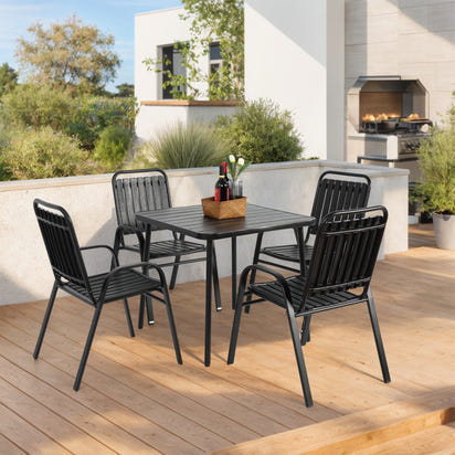 5-Piece Plastic chair and steel table Outdoor Dining Set,  plastic Chairs and Table Set for Garden Patio, Black