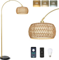 Gold Floor Lamps for Living Room, Arc Floor Lamp with Remote & Dimmable Bulb, Boho Rattan Standing lamp with 3 Color Temperatures, Height Adjustable Tall Lamp for Bedroom, Over Couch Reading Lamp