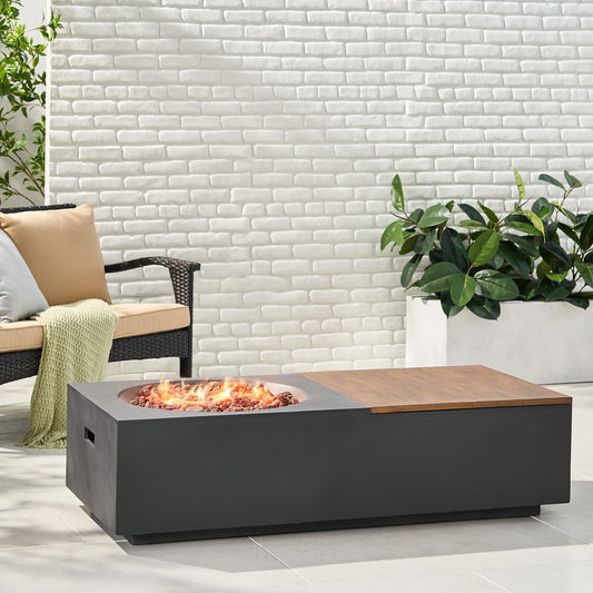 Outdoor 50,000 BTU Lightweight Concrete Rectangular Fire Pit Table with Storage, Dark Gray and Natural Brown  (Tank Cover not Included)