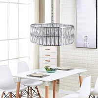 (W1340P189507/L005018-D450-P6C)18' Chrome Modern Crystal Drum Chandelier, 6-Light Pendant Lighting Fixture with Metal Frame for Living Room, Dining Room, and Bedroom (Bulbs Not Included)