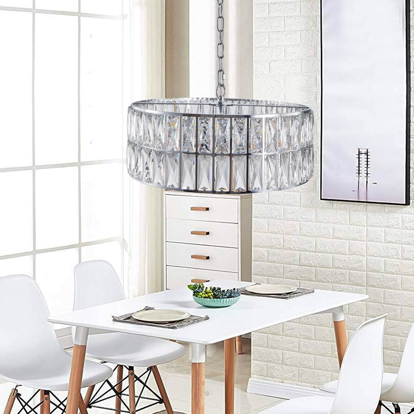 (W1340P189507/L005018-D450-P6C)18' Chrome Modern Crystal Drum Chandelier, 6-Light Pendant Lighting Fixture with Metal Frame for Living Room, Dining Room, and Bedroom (Bulbs Not Included)