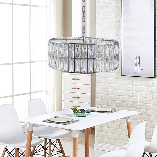 (W1340P189507/L005018-D450-P6C)18' Chrome Modern Crystal Drum Chandelier, 6-Light Pendant Lighting Fixture with Metal Frame for Living Room, Dining Room, and Bedroom (Bulbs Not Included)