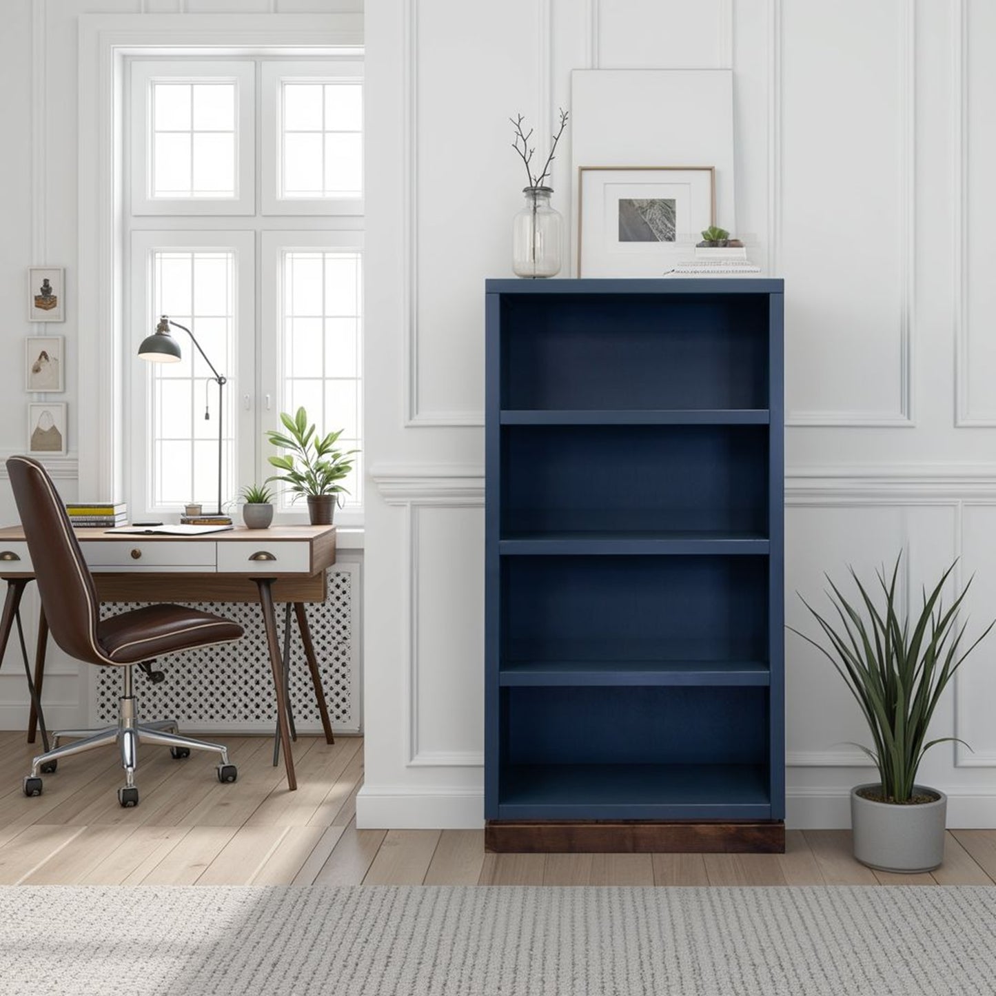 Nora Modular 60 inch High Bookshelf, No Assembly Required, Blue Denim and Whiskey Finish