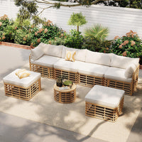 GO 7 Pieces Outdoor Patio Furniture, All-Weather Rattan Sectional Sofa Set with Thick Cushions and Pillows, Freely Combined Conversation Sets for Garden, Backyard, Balcony, Beige