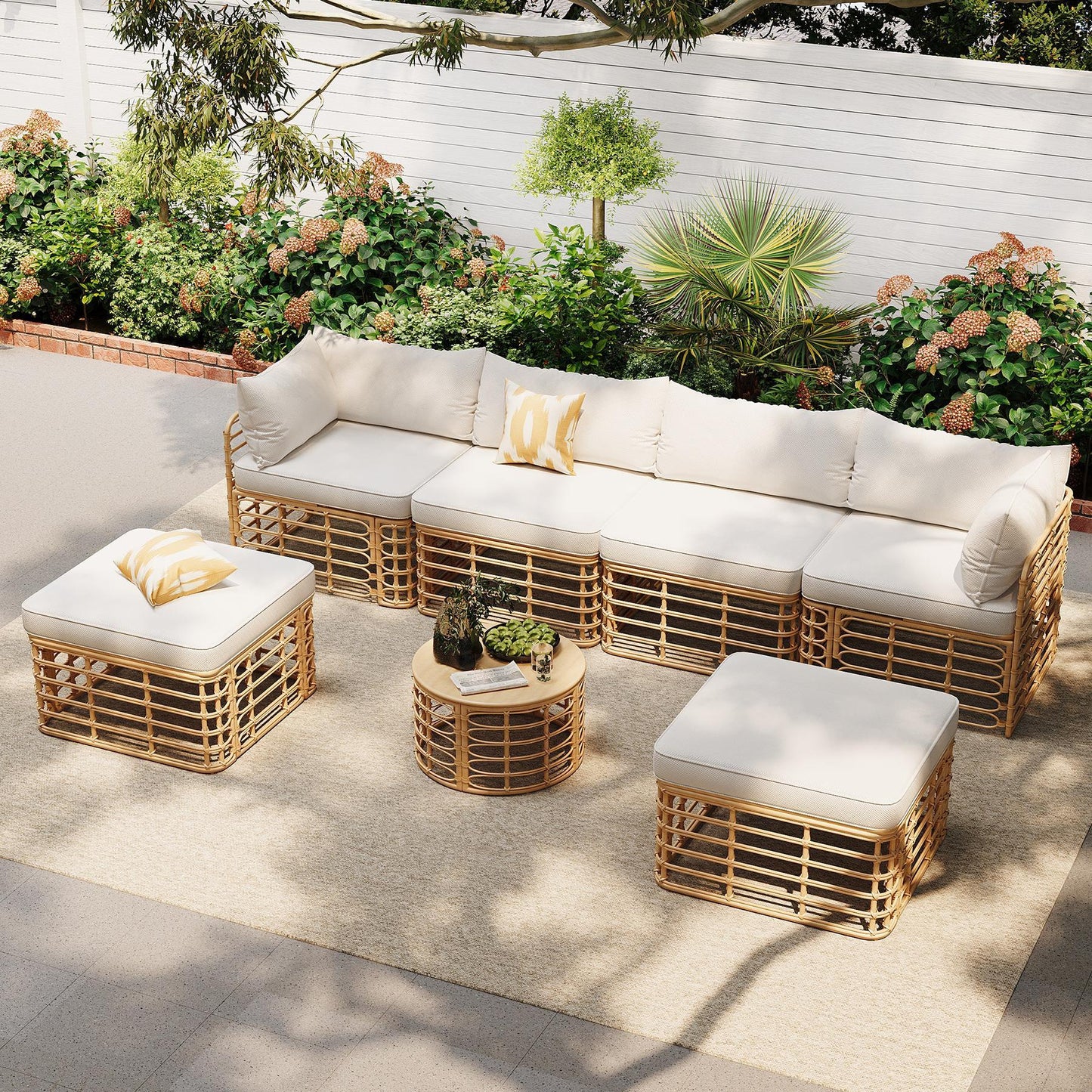 GO 7 Pieces Outdoor Patio Furniture, All-Weather Rattan Sectional Sofa Set with Thick Cushions and Pillows, Freely Combined Conversation Sets for Garden, Backyard, Balcony, Beige