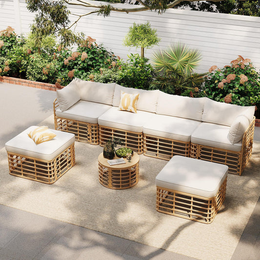 GO 7 Pieces Outdoor Patio Furniture, All-Weather Rattan Sectional Sofa Set with Thick Cushions and Pillows, Freely Combined Conversation Sets for Garden, Backyard, Balcony, Beige