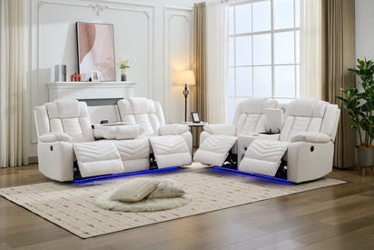 Manual M073 32 2 Pieces Power Reclining Sofa Sets,Technical leather Power reclining Loveseat Power recliner w/ wireless charger / LED strip for Living Room,White