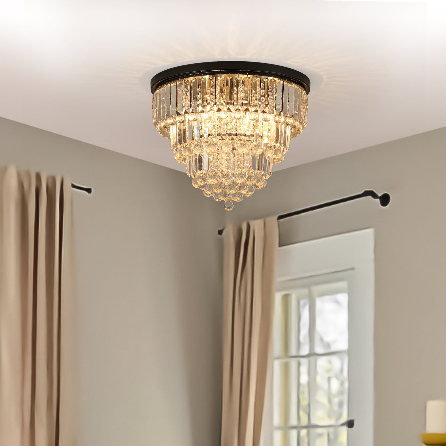 20' Luxury Crystal Flush Mount Ceiling Light with Black Finish – Elegant 6-Light Chandelier for Living Room, Dining Room, or Bedroom (Bulb Not Included)